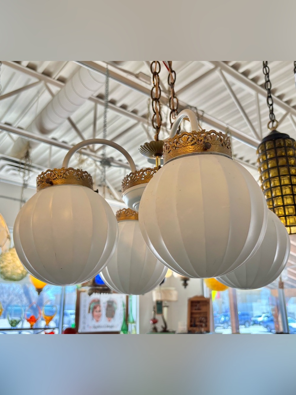 Vintage chandelier white  gold 4 globe mid century mcm dining room